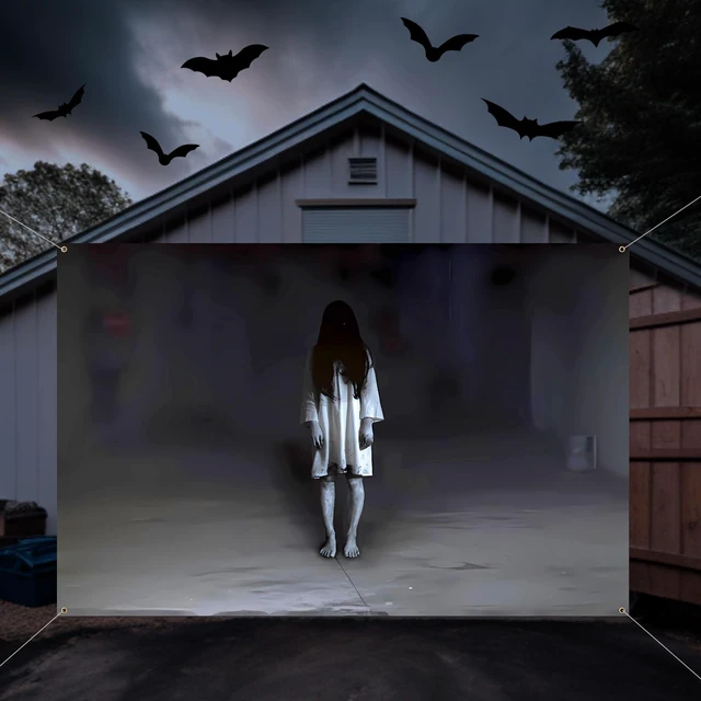 Main image of Halloween Scary Garage Door Cover Banner, 7x5ft, Ghost Halloween Garage Door Decorations, Backdrop Wall Background, Party Decorations, for Home Outdoor Holiday Wall Decor