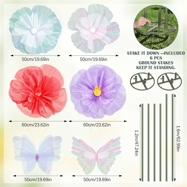 Alt view image 3 of 7 - 6 Pcs Giant Artificial Butterfly Flower Decorations with Stand Colorful Tulle Butterflies Flowers, Huge Mariposas Grandes Para Decor, Wedding Birthday Bridal Shower Garden Decor