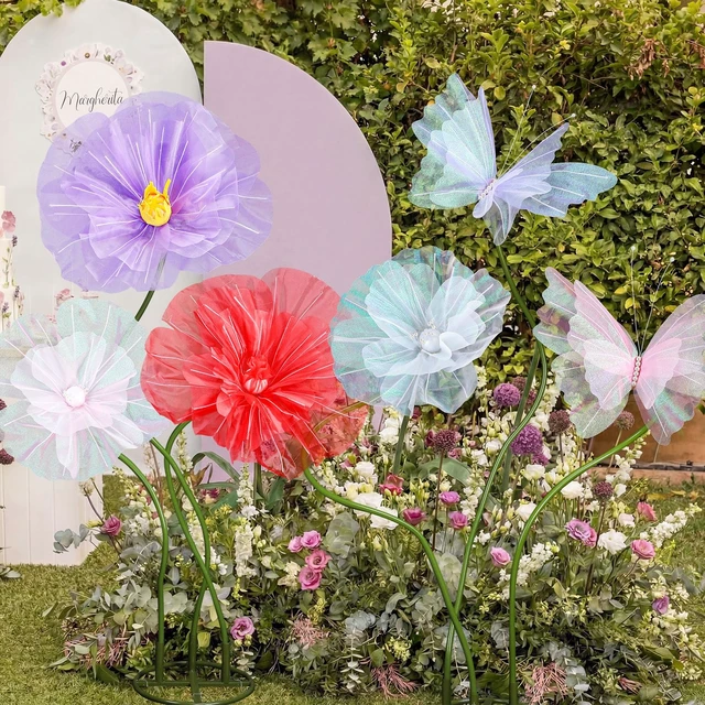 Alt view image 6 of 7 - 6 Pcs Giant Artificial Butterfly Flower Decorations with Stand Colorful Tulle Butterflies Flowers, Huge Mariposas Grandes Para Decor, Wedding Birthday Bridal Shower Garden Decor
