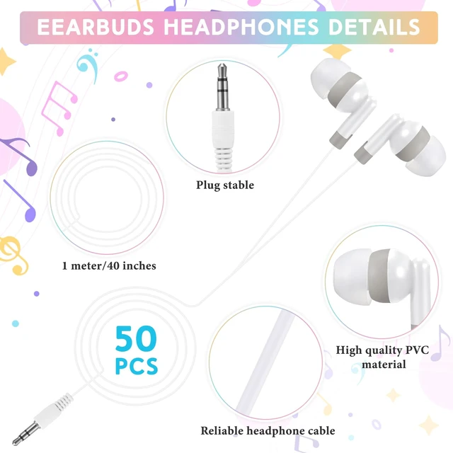 Alt view image 2 of 6 - 50 Pack Earbuds Wired Bulk for Classroom 3.5mm Jack, White Earphone Earbuds with Wire Bulk Individually Bagged Wired in Ear Buds Back to School Supplies for Students Testing Office