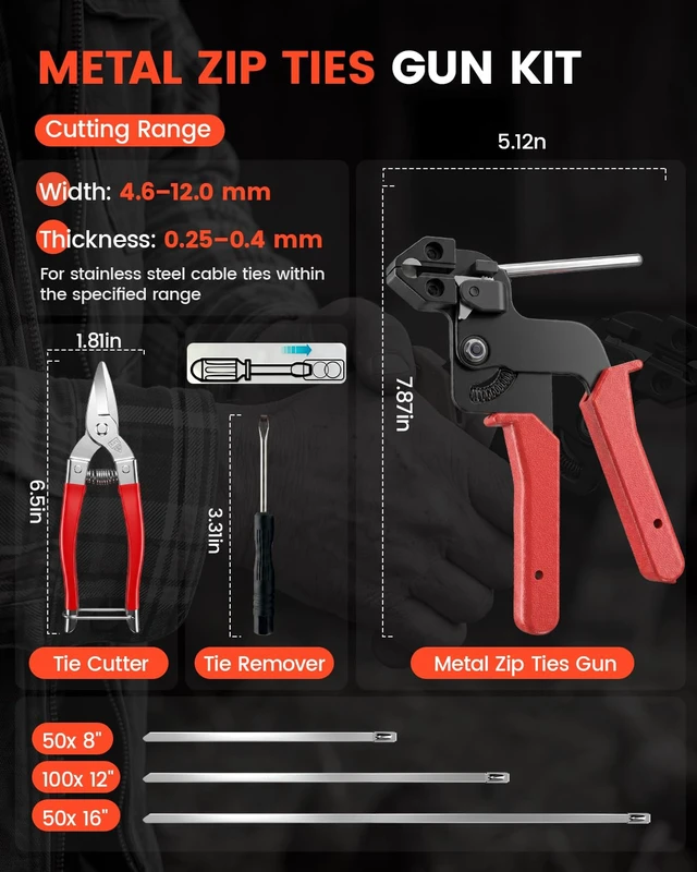 Alt view image 5 of 7 - 200PC Metal Zip Ties Gun Kit 8/12/16 Inch 304 Stainless Steel Zip Ties Include 12"X100PC, 8"X50PC, 16"X50PC Metal Zip Ties With Tie Cutter & Tie Remover Tightens and Cuts for Fence, Chicken Coop