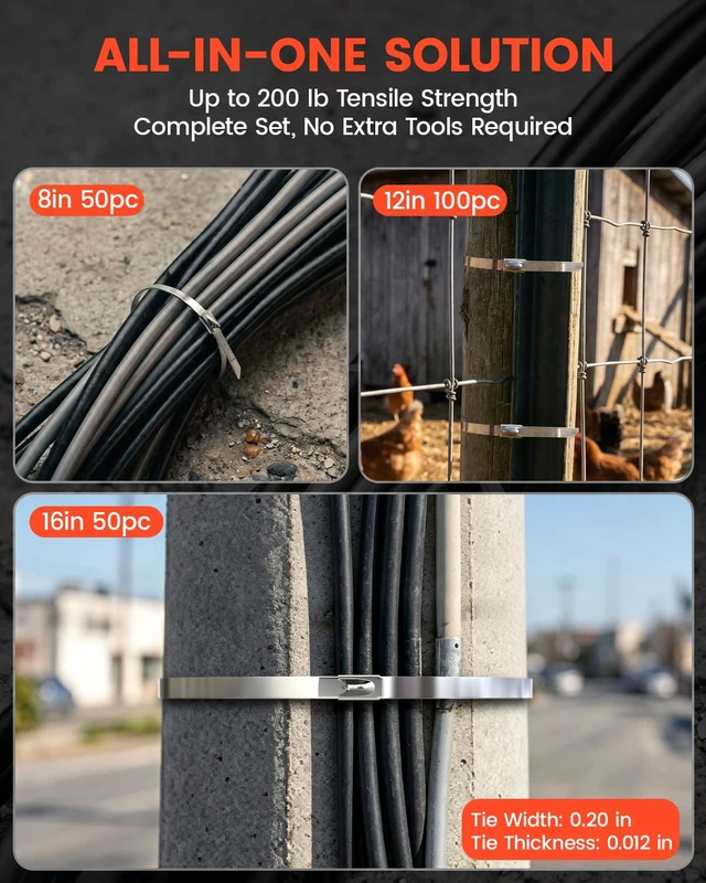 Alt view image 3 of 7 - 200PC Metal Zip Ties Gun Kit 8/12/16 Inch 304 Stainless Steel Zip Ties Include 12"X100PC, 8"X50PC, 16"X50PC Metal Zip Ties With Tie Cutter & Tie Remover Tightens and Cuts for Fence, Chicken Coop