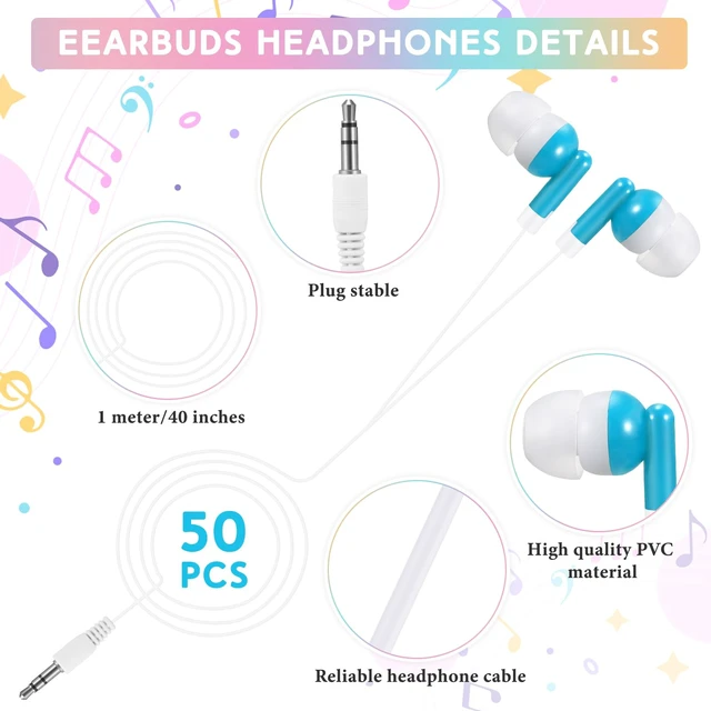 Alt view image 2 of 6 - 50 Pack Earbuds Wired Bulk for Classroom 3.5mm Jack, Sky Blue Earphone Earbuds with Wire Bulk Individually Bagged Wired in Ear Buds Back to School Supplies for Students Testing Office