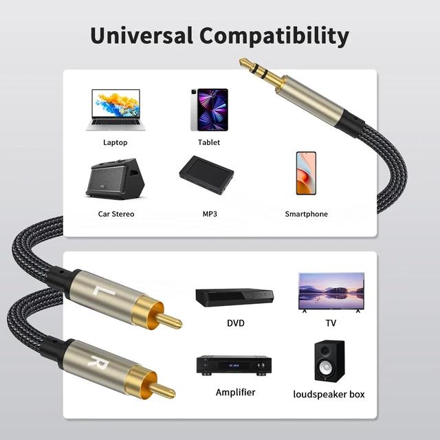 Alt view image 5 of 7 - 10FT RCA/Aux Audio Adapter, HiFi Sound, Metal Shell, Y Splitter, for Phone, Speaker, MP3, Tablet, HDTV