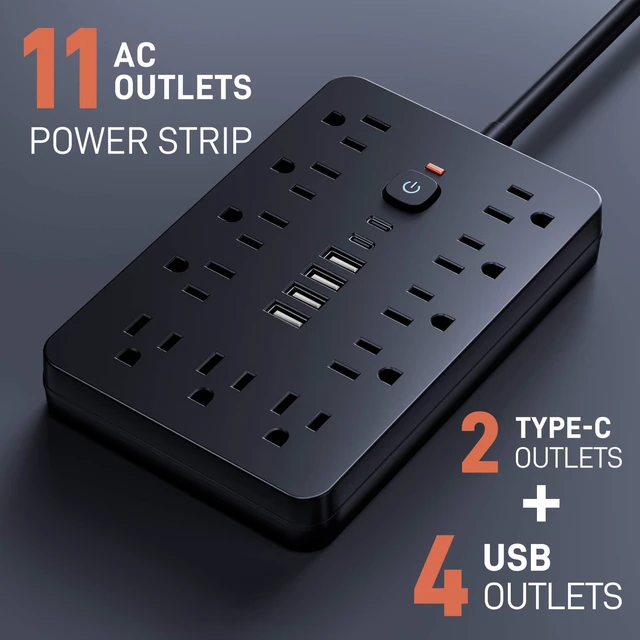 Alt view image 2 of 4 - 5 Ft Power Strip Surge Protector, Black Extension Cord with 8 AC Outlets 11 USB Ports and 2 USB C Ports, Multi Plug Wall Outlet with Surge Protection for Home Office Dorm Room