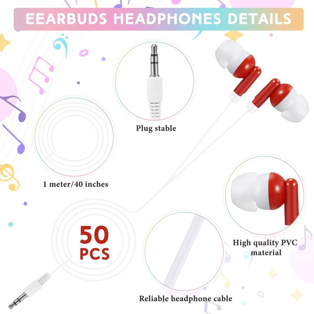 Alt view image 2 of 6 - 50 Pack Earbuds Wired Bulk for Classroom 3.5mm Jack, Red Earphone Earbuds with Wire Bulk Individually Bagged Wired in Ear Buds Back to School Supplies for Students Testing Office