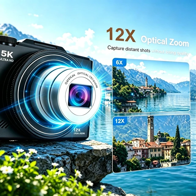Alt view image 2 of 7 - 5K Digital Cameras for Photography12X Optical Zoom (No Card) Macro WiFi Vlogging Camera with Flip Screen,Auto Focus Campact Vlog Camera for Travel Flash 2 Batteries