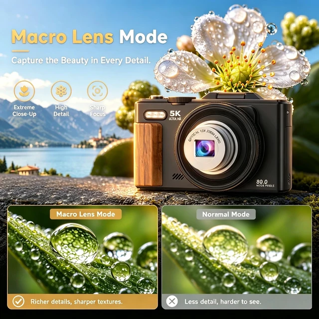 Alt view image 3 of 7 - 5K Digital Cameras for Photography12X Optical Zoom (No Card) Macro WiFi Vlogging Camera with Flip Screen,Auto Focus Campact Vlog Camera for Travel Flash 2 Batteries