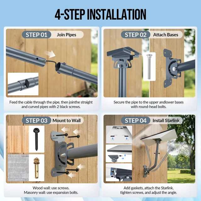 Alt view image 6 of 7 - Starlink Mount for Standard 4/4X & Gen 3 V3, 360° Adjustable Wall Roof Pole Kit with Aluminum Pipe Adapter, Heavy-Duty Stainless Steel, Weather-Resistant Outdoor Bracket