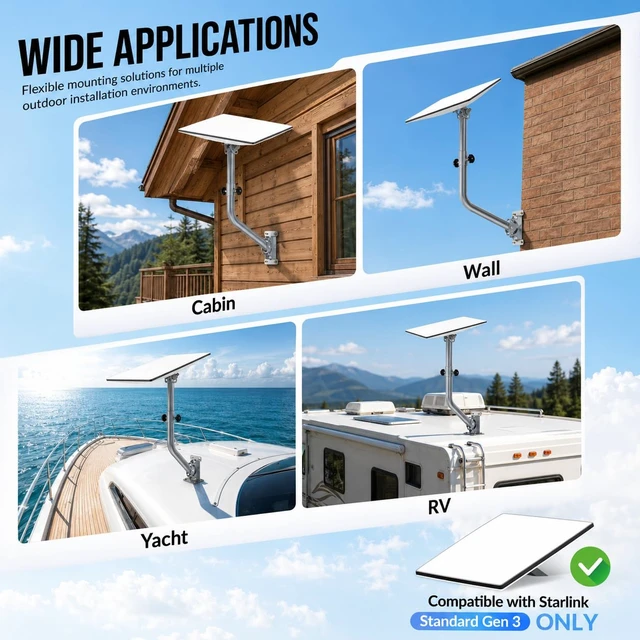 Alt view image 7 of 7 - Starlink Mount for Standard 4/4X & Gen 3 V3, 360° Adjustable Wall Roof Pole Kit with Aluminum Pipe Adapter, Heavy-Duty Stainless Steel, Weather-Resistant Outdoor Bracket