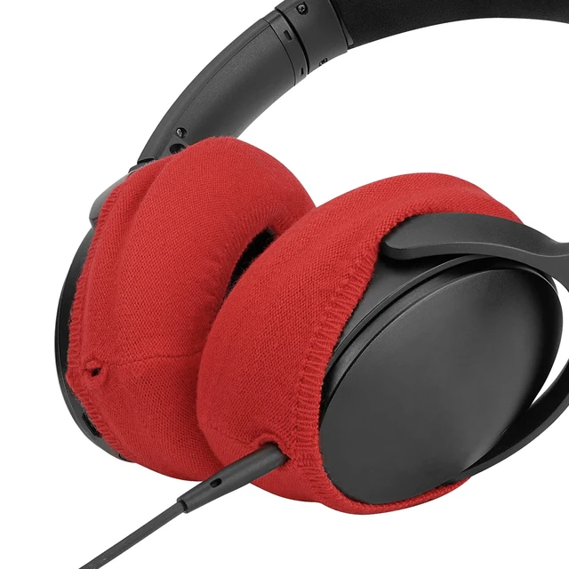 Alt view image 4 of 6 - 2 Pairs Knit Headphones Ear Covers - Product Safety Certified - Washable & Stretchable Sanitary Earcup Protectors for Over-Ear Headsets, Sweat Pads for Gym, Gaming (Size M/Red)