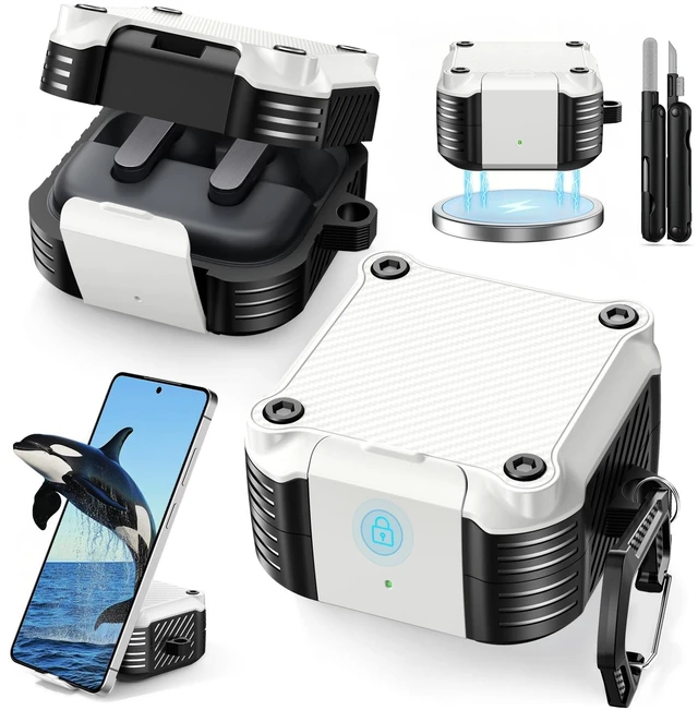 Main image of Lock Case for Samsung Galaxy Buds 4 Pro/Buds 4 Case (2026)(White) Rugged Carbon Fiber Cover with Phone Stand & Cleaning Kit & Carabiner, Compatible with MagSafe
