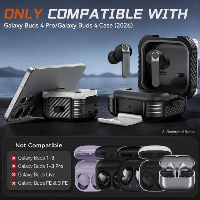 Alt view image 2 of 7 - Lock Case for Samsung Galaxy Buds 4 Pro/Buds 4 Case (2026)(White) Rugged Carbon Fiber Cover with Phone Stand & Cleaning Kit & Carabiner, Compatible with MagSafe