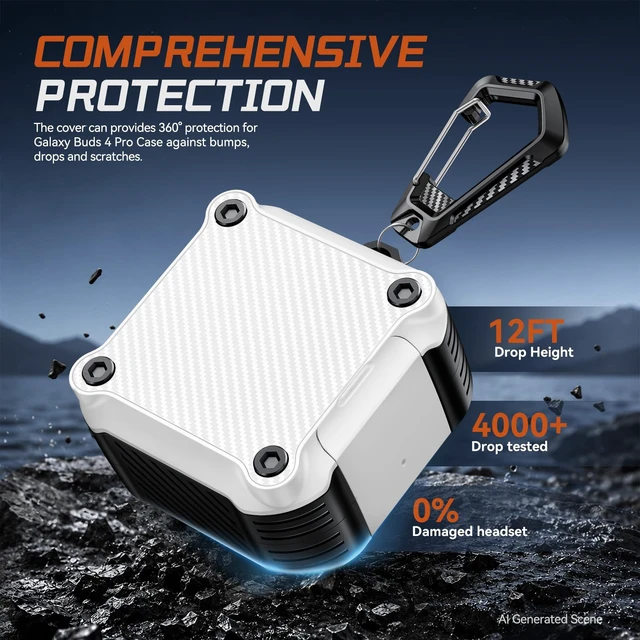 Alt view image 4 of 7 - Lock Case for Samsung Galaxy Buds 4 Pro/Buds 4 Case (2026)(White) Rugged Carbon Fiber Cover with Phone Stand & Cleaning Kit & Carabiner, Compatible with MagSafe