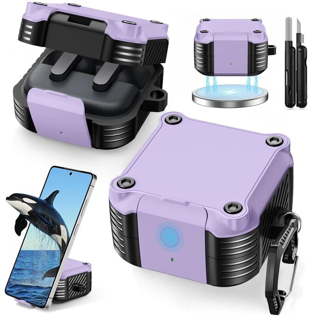 Main image of for Samsung Galaxy Buds 4 Pro Case/Galaxy Buds 4 Case (2026) with Lock Rugged Case Cover with Phone Stand & Cleaning Kit & Carabiner, Compatible with MagSafe, Purple