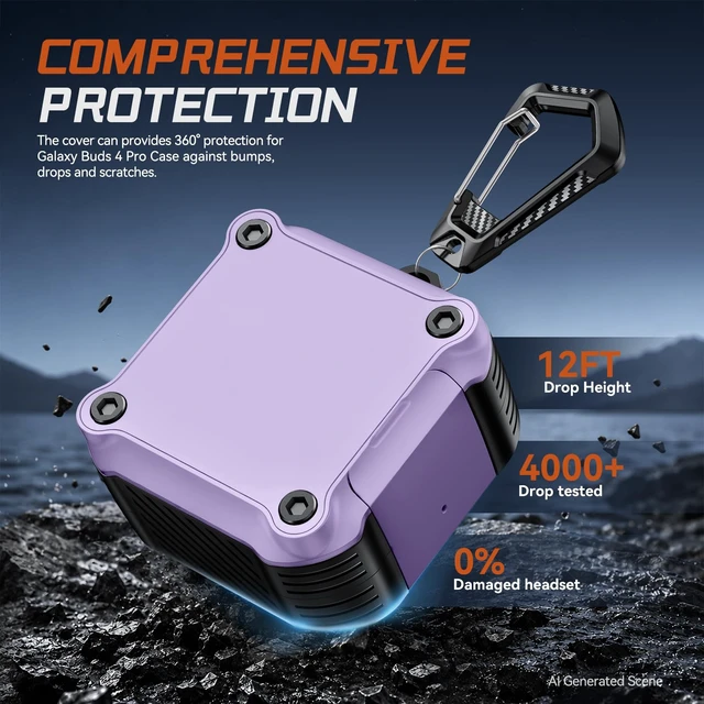 Alt view image 4 of 7 - for Samsung Galaxy Buds 4 Pro Case/Galaxy Buds 4 Case (2026) with Lock Rugged Case Cover with Phone Stand & Cleaning Kit & Carabiner, Compatible with MagSafe, Purple