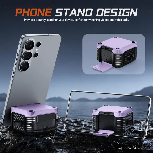 Alt view image 5 of 7 - for Samsung Galaxy Buds 4 Pro Case/Galaxy Buds 4 Case (2026) with Lock Rugged Case Cover with Phone Stand & Cleaning Kit & Carabiner, Compatible with MagSafe, Purple