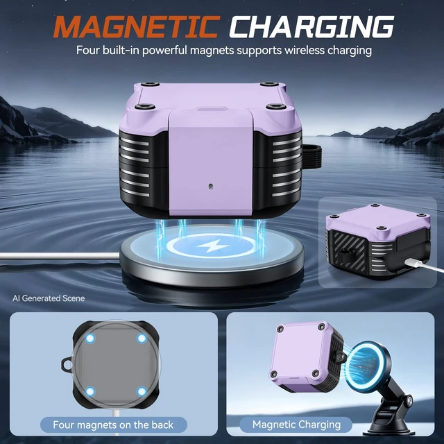 Alt view image 6 of 7 - for Samsung Galaxy Buds 4 Pro Case/Galaxy Buds 4 Case (2026) with Lock Rugged Case Cover with Phone Stand & Cleaning Kit & Carabiner, Compatible with MagSafe, Purple