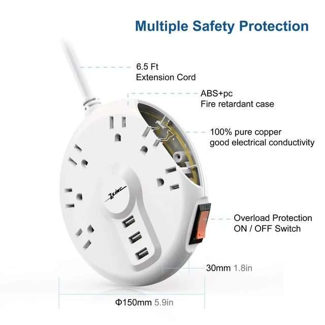 Alt view image 2 of 6 - Travel Power Strip, Cruise Essentials with 6.5FT Long Extension Cord Cruise Approved Power Strip, 6 Outlets 3 USB,100% Copper Core, Ultra Thin Flat Plug, Non Surge Protector for Home/Dorm/Office