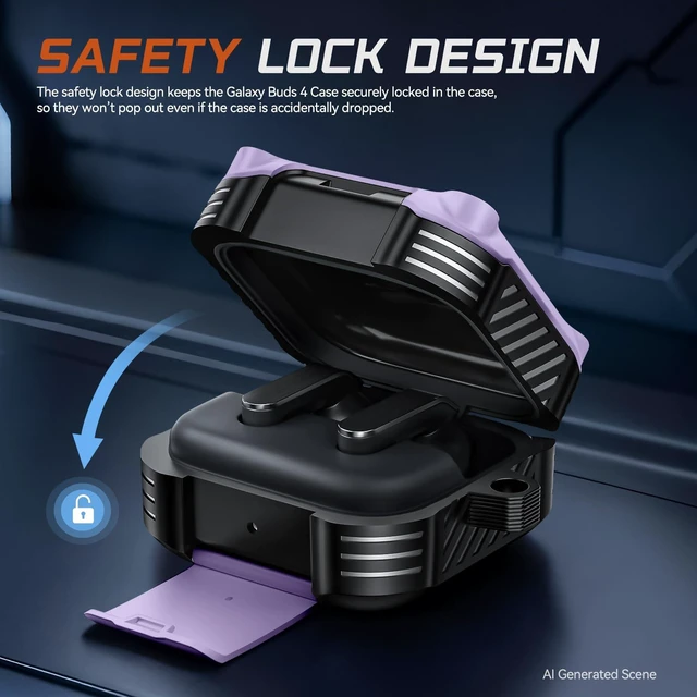 Alt view image 3 of 7 - for Samsung Galaxy Buds 4 Pro Case/Galaxy Buds 4 Case (2026) with Lock Rugged Case Cover with Phone Stand & Cleaning Kit & Carabiner, Compatible with MagSafe, Purple