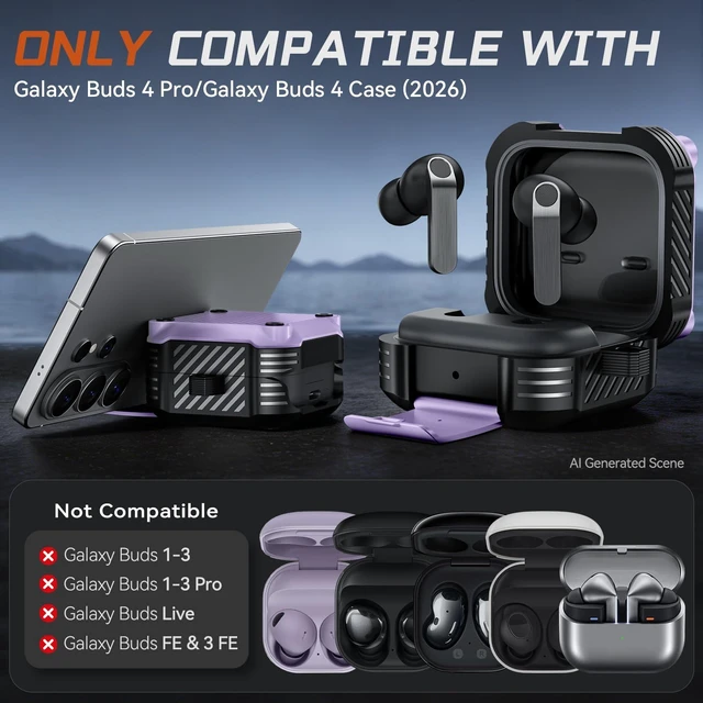 Alt view image 2 of 7 - Lock Case for Samsung Galaxy Buds 4 Pro/Buds 4 Case (2026)(Purple) Rugged Carbon Fiber Cover with Phone Stand & Cleaning Kit & Carabiner, Compatible with MagSafe