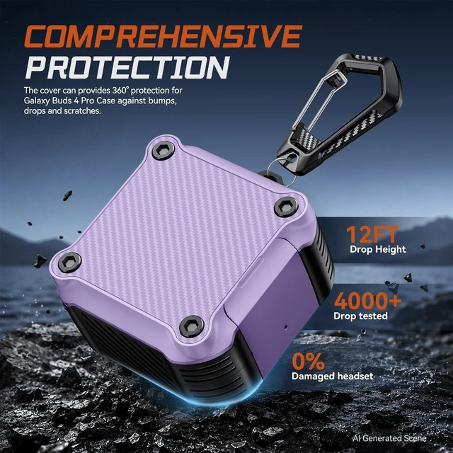 Alt view image 4 of 7 - Lock Case for Samsung Galaxy Buds 4 Pro/Buds 4 Case (2026)(Purple) Rugged Carbon Fiber Cover with Phone Stand & Cleaning Kit & Carabiner, Compatible with MagSafe