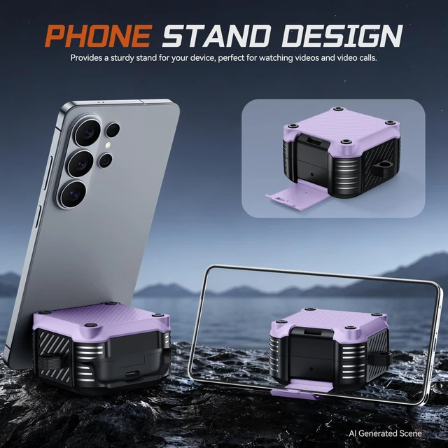 Alt view image 5 of 7 - Lock Case for Samsung Galaxy Buds 4 Pro/Buds 4 Case (2026)(Purple) Rugged Carbon Fiber Cover with Phone Stand & Cleaning Kit & Carabiner, Compatible with MagSafe