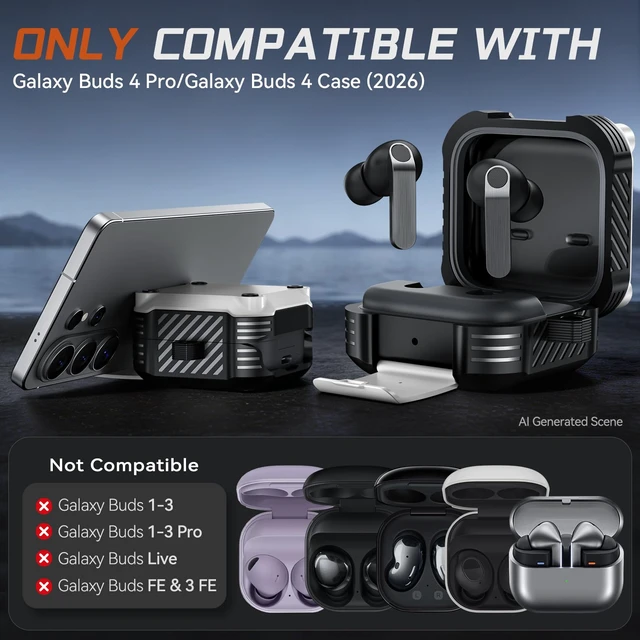 Alt view image 2 of 7 - for Samsung Galaxy Buds 4 Pro Case/Galaxy Buds 4 Case (2026) with Lock Rugged Case Cover with Phone Stand & Cleaning Kit & Carabiner, Compatible with MagSafe, White