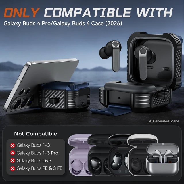 Alt view image 2 of 7 - for Samsung Galaxy Buds 4 Pro Case/Galaxy Buds 4 Case (2026) with Lock Rugged Case Cover with Phone Stand & Cleaning Kit & Carabiner, Compatible with MagSafe, Blue