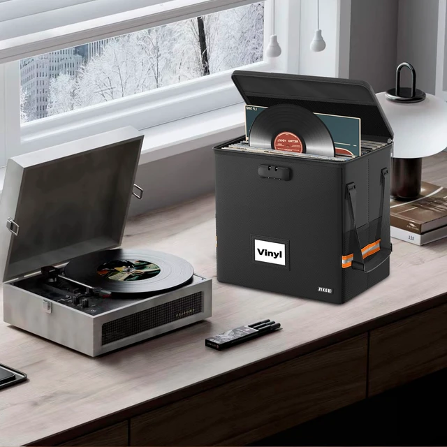 Alt view image 6 of 7 - Fireproof Vinyl Record Storage Box,Holds 55 Albums, Black With Lock,Water Resistant, Collapsible, Carrying Case with Lid, Fit 7/12 inch Albums