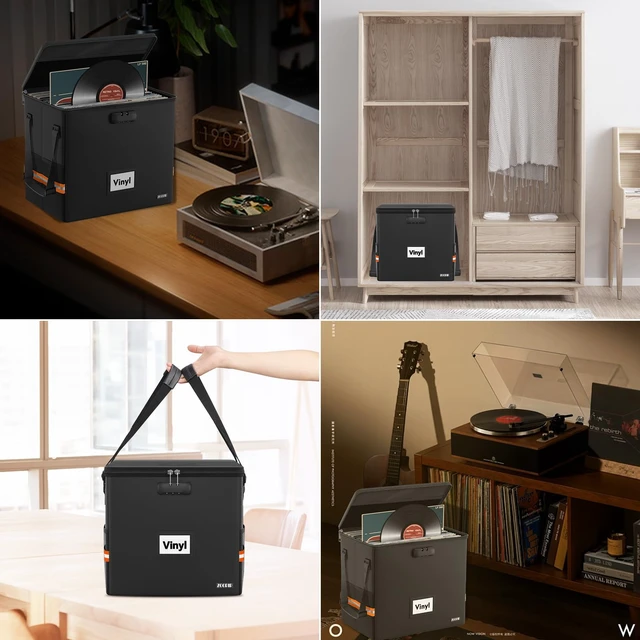 Alt view image 7 of 7 - Fireproof Vinyl Record Storage Box,Holds 55 Albums, Black With Lock,Water Resistant, Collapsible, Carrying Case with Lid, Fit 7/12 inch Albums