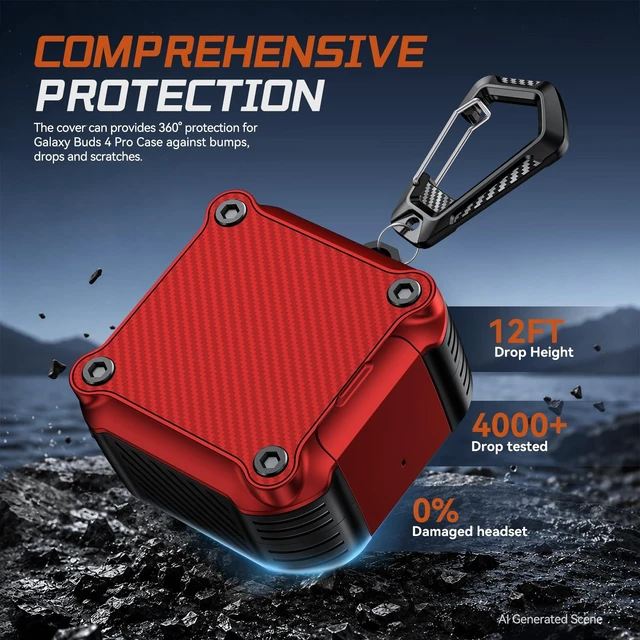 Alt view image 4 of 7 - Lock Case for Samsung Galaxy Buds 4 Pro/Buds 4 Case (2026)(Red) Rugged Carbon Fiber Cover with Phone Stand & Cleaning Kit & Carabiner, Compatible with MagSafe