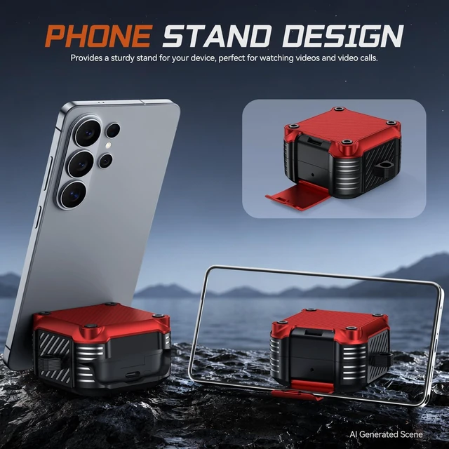 Alt view image 5 of 7 - Lock Case for Samsung Galaxy Buds 4 Pro/Buds 4 Case (2026)(Red) Rugged Carbon Fiber Cover with Phone Stand & Cleaning Kit & Carabiner, Compatible with MagSafe