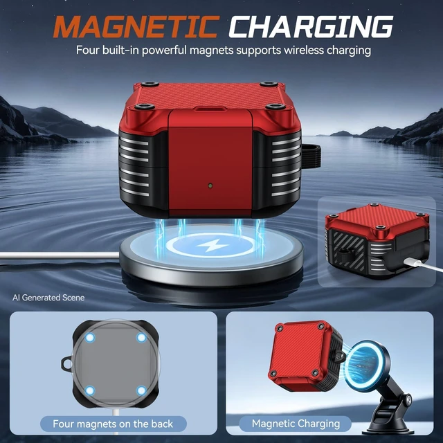 Alt view image 6 of 7 - Lock Case for Samsung Galaxy Buds 4 Pro/Buds 4 Case (2026)(Red) Rugged Carbon Fiber Cover with Phone Stand & Cleaning Kit & Carabiner, Compatible with MagSafe