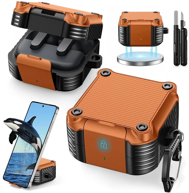 Main image of Lock Case for Samsung Galaxy Buds 4 Pro/Buds 4 Case (2026)(Orange) Rugged Carbon Fiber Cover with Phone Stand & Cleaning Kit & Carabiner, Compatible with MagSafe