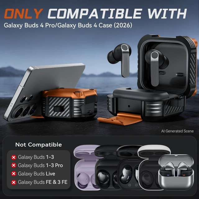 Alt view image 2 of 7 - Lock Case for Samsung Galaxy Buds 4 Pro/Buds 4 Case (2026)(Orange) Rugged Carbon Fiber Cover with Phone Stand & Cleaning Kit & Carabiner, Compatible with MagSafe
