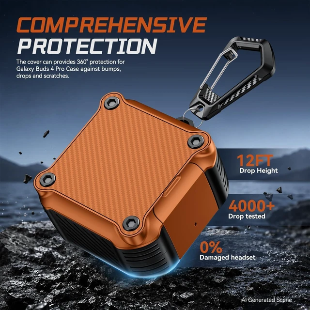 Alt view image 4 of 7 - Lock Case for Samsung Galaxy Buds 4 Pro/Buds 4 Case (2026)(Orange) Rugged Carbon Fiber Cover with Phone Stand & Cleaning Kit & Carabiner, Compatible with MagSafe