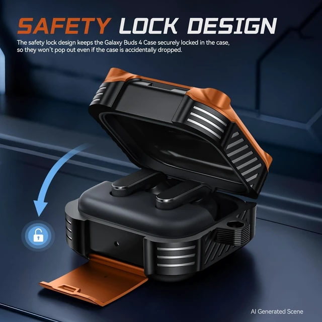 Alt view image 3 of 7 - Lock Case for Samsung Galaxy Buds 4 Pro/Buds 4 Case (2026)(Orange) Rugged Carbon Fiber Cover with Phone Stand & Cleaning Kit & Carabiner, Compatible with MagSafe