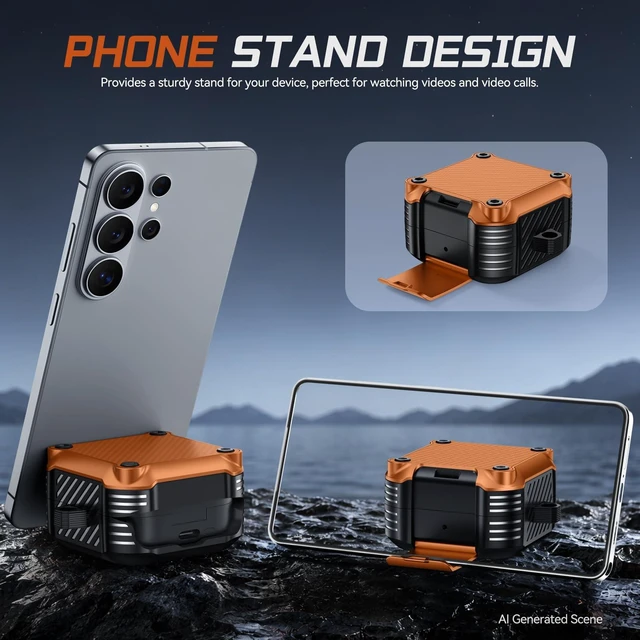 Alt view image 5 of 7 - Lock Case for Samsung Galaxy Buds 4 Pro/Buds 4 Case (2026)(Orange) Rugged Carbon Fiber Cover with Phone Stand & Cleaning Kit & Carabiner, Compatible with MagSafe