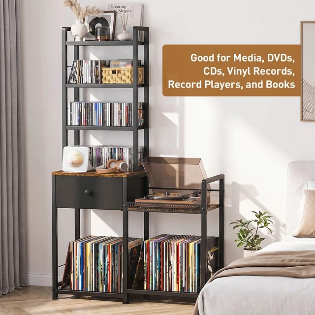 Alt view image 7 of 7 - CD Rack with Drawer, 7-Tier DVD Organizer Shelf with Vinyl Storage Media Storage Rack for CDs/DVDs, Vinyl Records, Books & Games, Ideal for Living Room & Home Office, 32.1x11.8x57.2 in, Brown