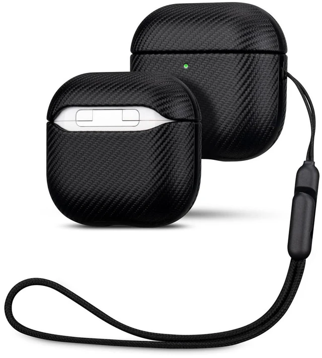 Main image of Case for AirPods 4 / AirPods 5 Carbon Fiber Style Vegan Leather Case Slim Design Adds Minimal Bulk - Handmade Vegan Leather Hard Shell Cover - Air Pods 5th Generation Case with Lanyard - Black
