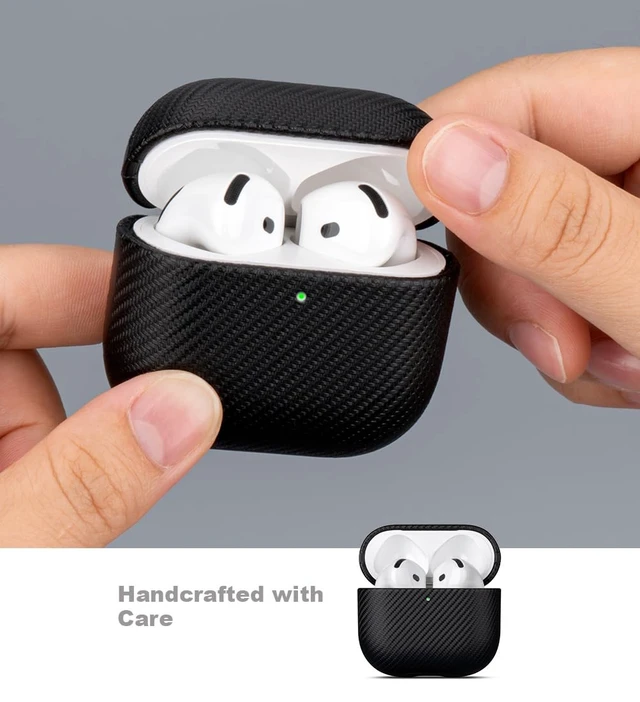 Alt view image 3 of 7 - Case for AirPods 4 / AirPods 5 Carbon Fiber Style Vegan Leather Case Slim Design Adds Minimal Bulk - Handmade Vegan Leather Hard Shell Cover - Air Pods 5th Generation Case with Lanyard - Black