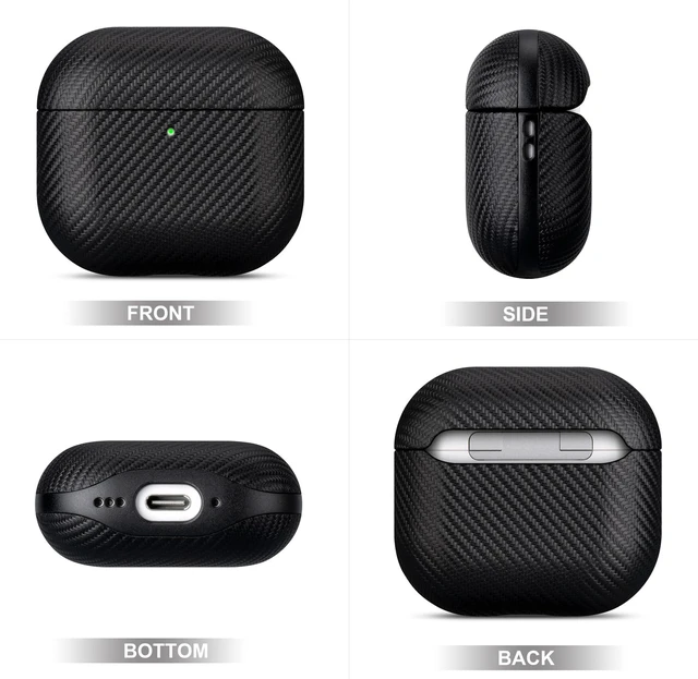 Alt view image 2 of 7 - Case for AirPods 4 / AirPods 5 Carbon Fiber Style Vegan Leather Case Slim Design Adds Minimal Bulk - Handmade Vegan Leather Hard Shell Cover - Air Pods 5th Generation Case with Lanyard - Black