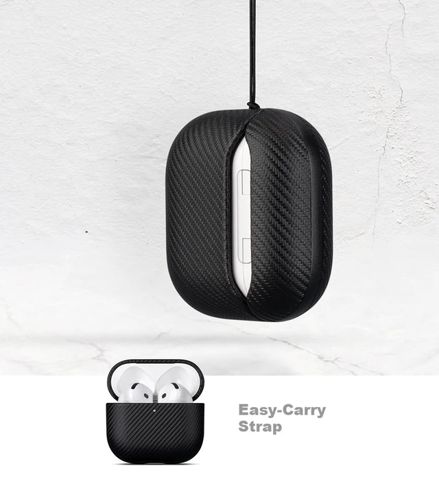 Alt view image 5 of 7 - Case for AirPods 4 / AirPods 5 Carbon Fiber Style Vegan Leather Case Slim Design Adds Minimal Bulk - Handmade Vegan Leather Hard Shell Cover - Air Pods 5th Generation Case with Lanyard - Black