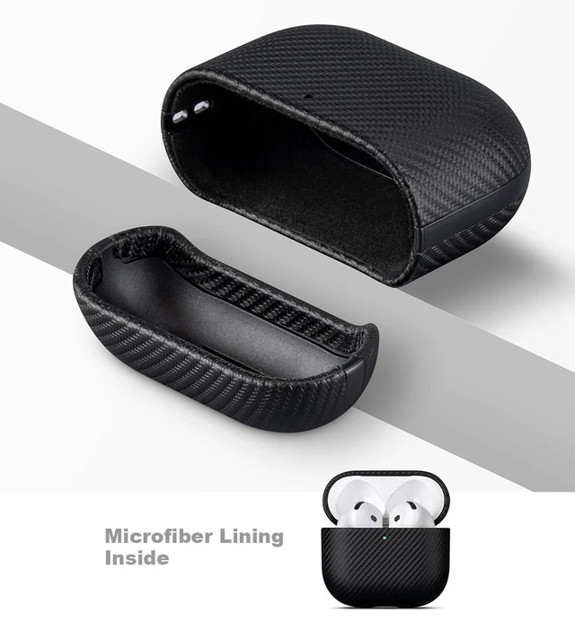 Alt view image 4 of 7 - Case for AirPods 4 / AirPods 5 Carbon Fiber Style Vegan Leather Case Slim Design Adds Minimal Bulk - Handmade Vegan Leather Hard Shell Cover - Air Pods 5th Generation Case with Lanyard - Black