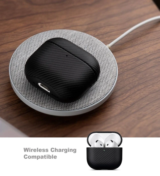 Alt view image 6 of 7 - Case for AirPods 4 / AirPods 5 Carbon Fiber Style Vegan Leather Case Slim Design Adds Minimal Bulk - Handmade Vegan Leather Hard Shell Cover - Air Pods 5th Generation Case with Lanyard - Black
