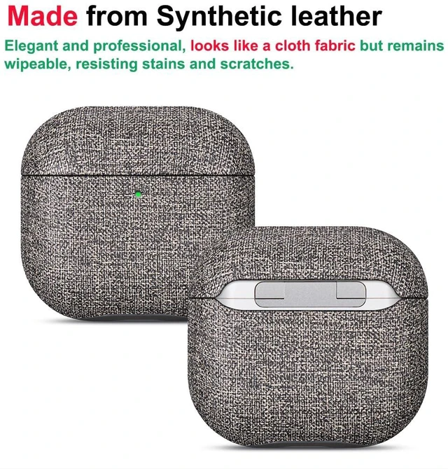 Alt view image 2 of 7 - Case for AirPods 4 / AirPods 5 Canvas Style Vegan Leather Case - Gray Slim Design Adds Minimal Bulk - Handmade Vegan Leather Hard Shell Cover - Air Pods 5th Generation Case with Wrist Lanyard