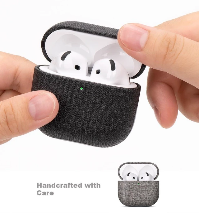 Alt view image 4 of 7 - Case for AirPods 4 / AirPods 5 Canvas Style Vegan Leather Case - Gray Slim Design Adds Minimal Bulk - Handmade Vegan Leather Hard Shell Cover - Air Pods 5th Generation Case with Wrist Lanyard