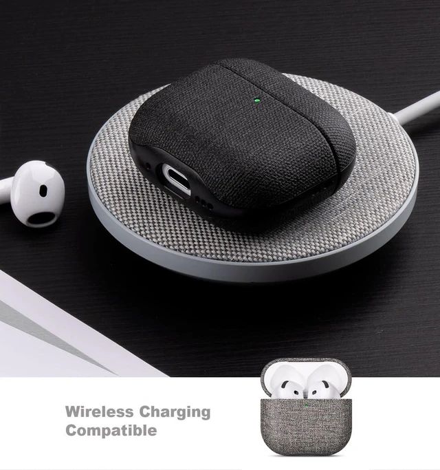 Alt view image 6 of 7 - Case for AirPods 4 / AirPods 5 Canvas Style Vegan Leather Case - Gray Slim Design Adds Minimal Bulk - Handmade Vegan Leather Hard Shell Cover - Air Pods 5th Generation Case with Wrist Lanyard