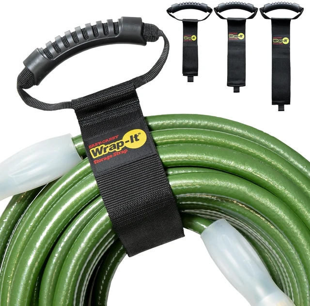 Main image of Easy-Carry Straps - Assorted 3-Pack Black Hook and Loop Straps with a Carrying Handle for Garden Hose, Extension Cord, Cable, Garage, Boat, RV Accessories Organization